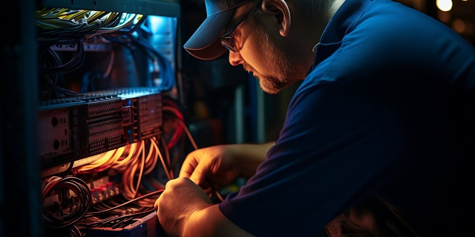engineer inspecting internet splitter box's fiber optic cables