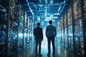 two people standing in a server room