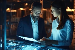 it advisors working and discussing in server room