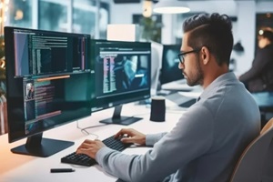 software developer and a man at computer for coding script or cyber security in office