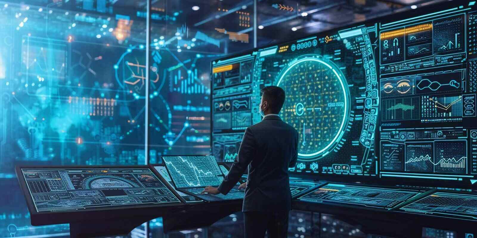 risk manager analyzing a complex network of risks on a virtual interface