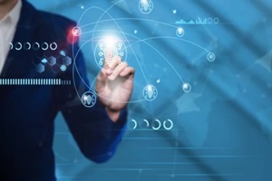businessman pointing with digital forensics icon and technological business data network