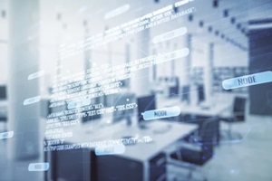 exposure of abstract programming language hologram on a modern furnished office interior background