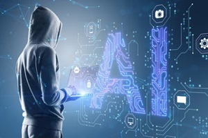  hacker in hoodie using laptop with glowing blue AI hologram on blurry background