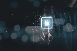businessman touching virtual master key with binary number code for identity and access password