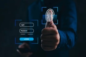 man with fingerprint authentication technology for secure login on digital interface cyber security