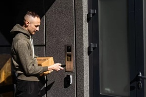 man accessing building with remote control