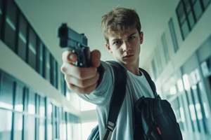 school student wearing bags pointing a gun