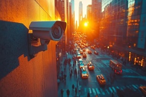 surveillance camera overlooking city street at sunset