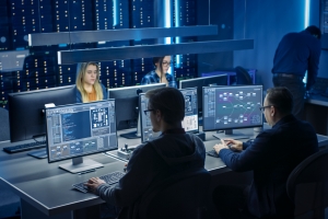 Team of IT Programers Working on Desktop Computers in Data Center System Control Room. Team of Young Professionals Working In Software and Hardware Development, Doing Coding
