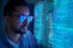 Cyber security network. Data protection concept. Man using VR with digital program on internet technology networking with cloud computing and data encryption, cybersecurity