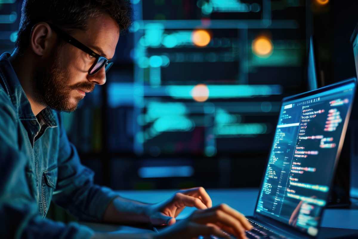 A professional in cybersecurity uses a laptop at night for coding, software development, and programming, conducting computer research, analyzing data, and working with HTML code.