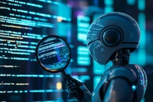 An AI robot with a magnifying glass, inspecting lines of code on a digital screen, symbolizing artificial intelligence in cybersecurity