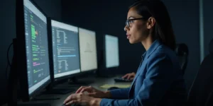 Black African American Female IT Specialist assesses cybersecurity threats within an information technology setting