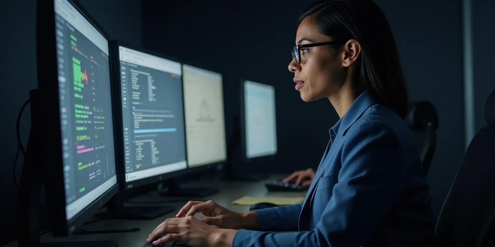 Black African American Female IT Specialist assesses cybersecurity threats within an information technology setting