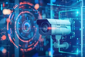 CCTV camera with futuristic digital interface background