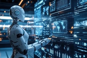 Futuristic AI Robot Interacting with a Digital Interface
