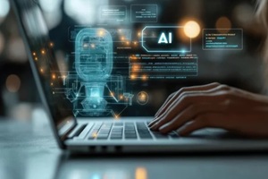 Person uses laptop. AI concept