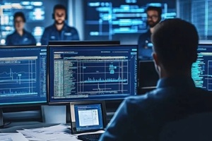 cybersecurity team managing a simulated cyber attack in a high-tech command center