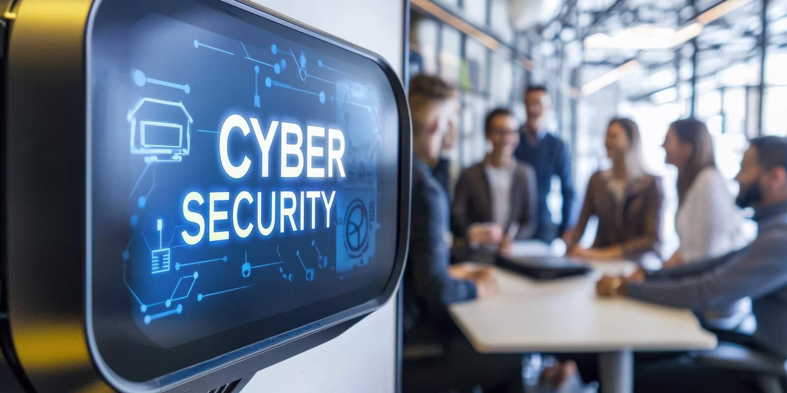 digital display showcasing SIEM cybersecurity with a team meeting in the background