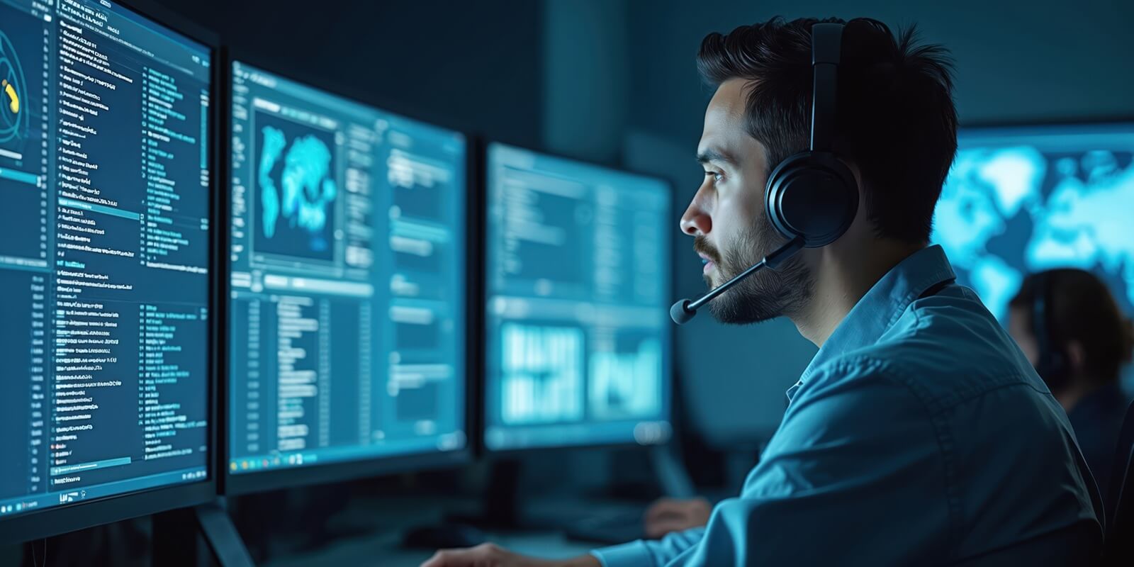 engineer works on multiple displays, analyzes network SOC