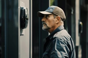 focused man in a cap interacts with a modern digital access control system on a building exterior