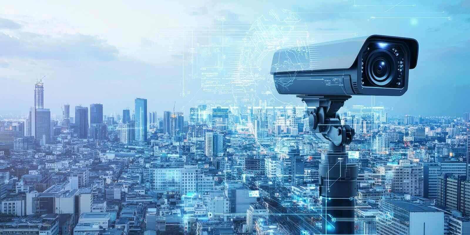 AI camera surveillance system on commercial skyscraper building