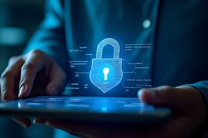 security professional managing cybersecurity on a tablet, emphasizing digital data protection