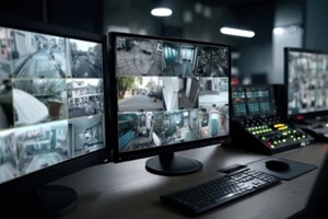 a close-up view of a security control room setup with multiple monitors displaying real-time video surveillance feeds