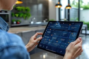 a person using a tablet to manage smart home features in a modern kitchen