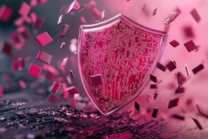 a transparent shield with binary code flowing across its surface