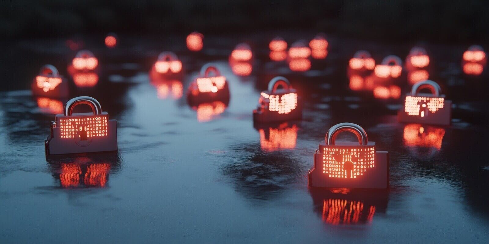 cybersecurity landscape illuminating digital padlocks on a reflective attack surface