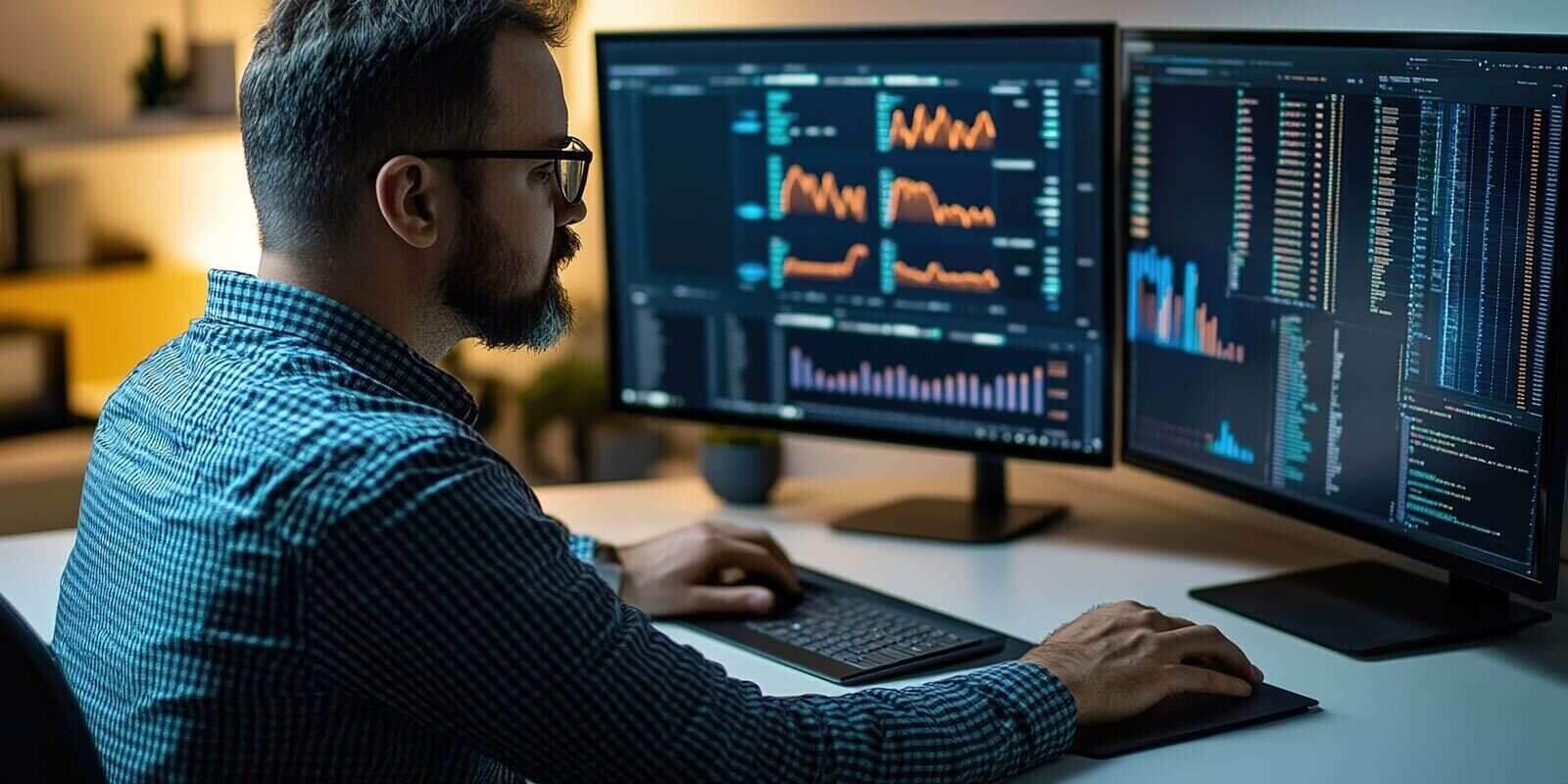 it manager analyzing network performance office graphic content digital environment side view technology insights for RMM solution services