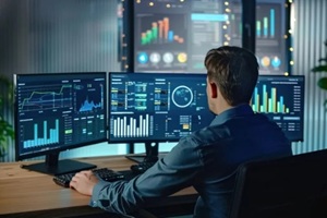 remote social media manager analyzing engagement metrics, multiple screens displaying various platform dashboards