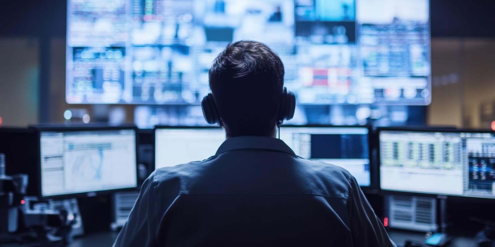 SOC monitoring multiple screens in a control room