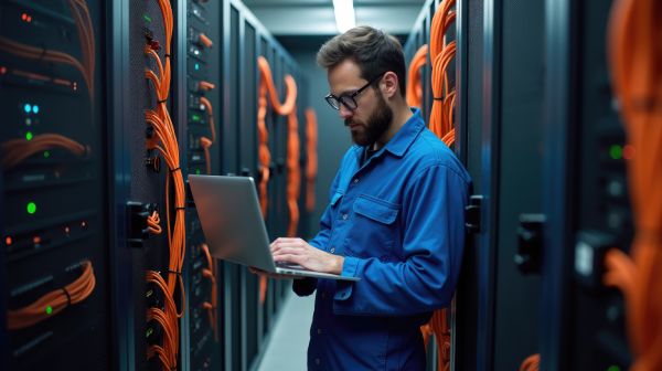 Man In Server Room Checking On The Security & Compliance Of His Company's Server