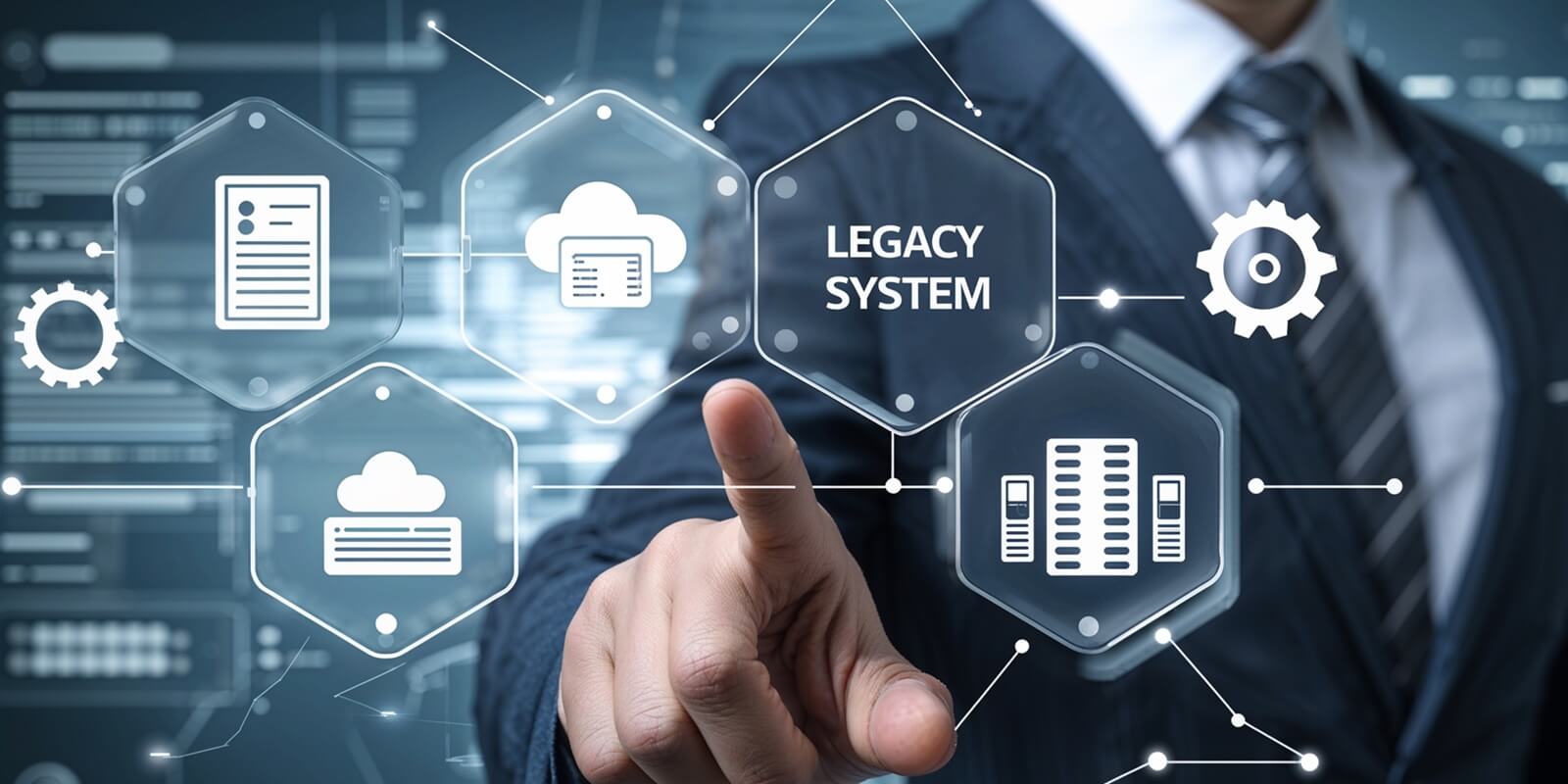 businessman using virtual touch screen presses inscription LEGACY SYSTEM