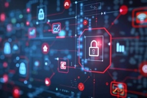 diverse range of digital icons illustrating security measures and technology are displayed on a dark background