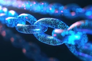 futuristic glowing blockchain chain links in digital cyberspace