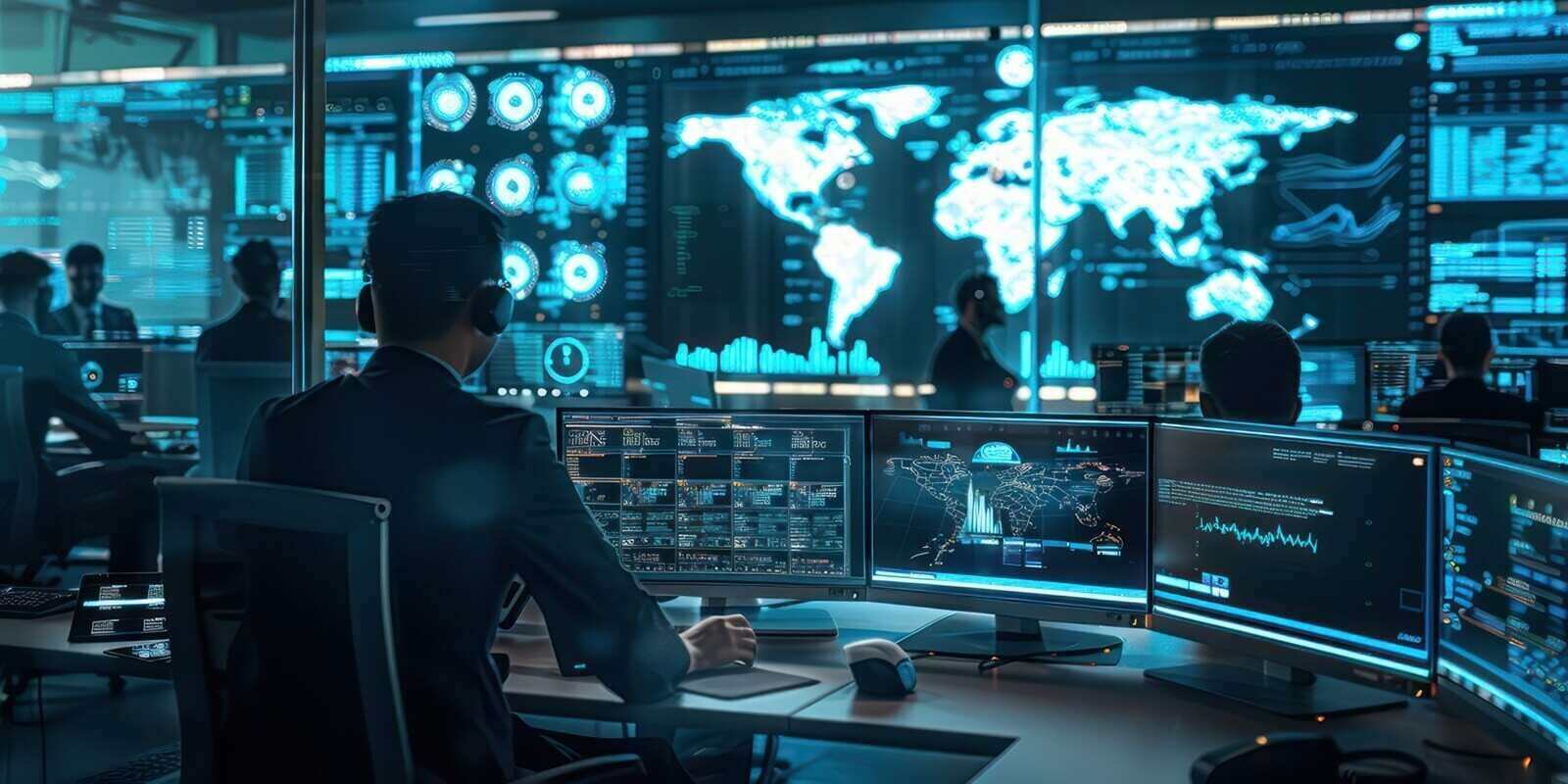 high-tech security operations center where analysts monitor and respond to cybersecurity threats on a global digital map