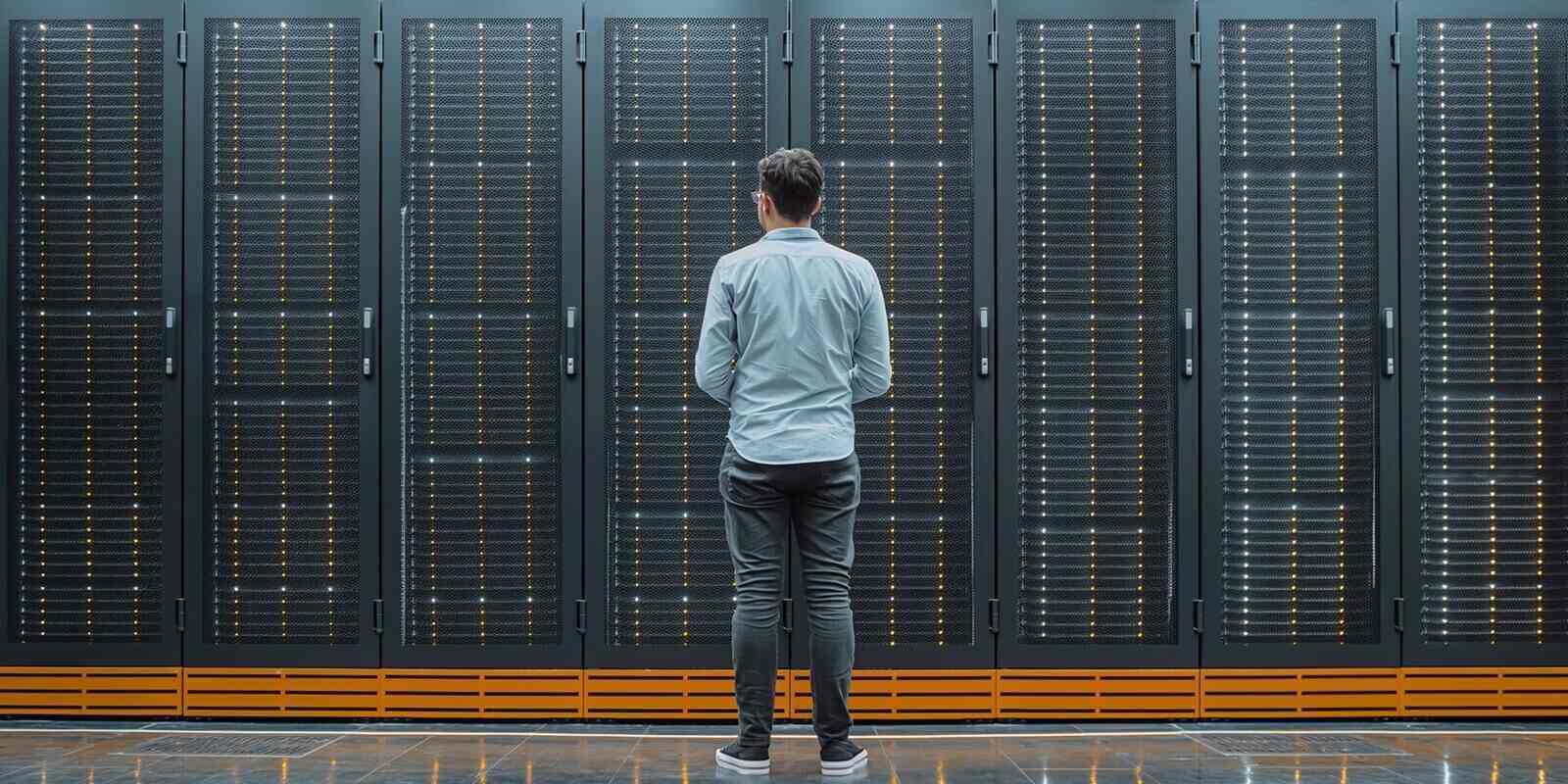 man stands before a wall of modern data servers in a large data center facility