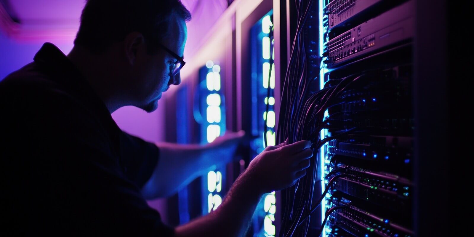 technician working on network servers in a data center