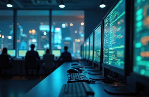 Cybersecurity team working on computers late at night responding to a hacked system