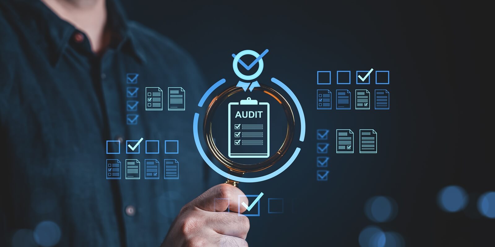 businessman focusing on audit checklist through magnifying glass icon interface