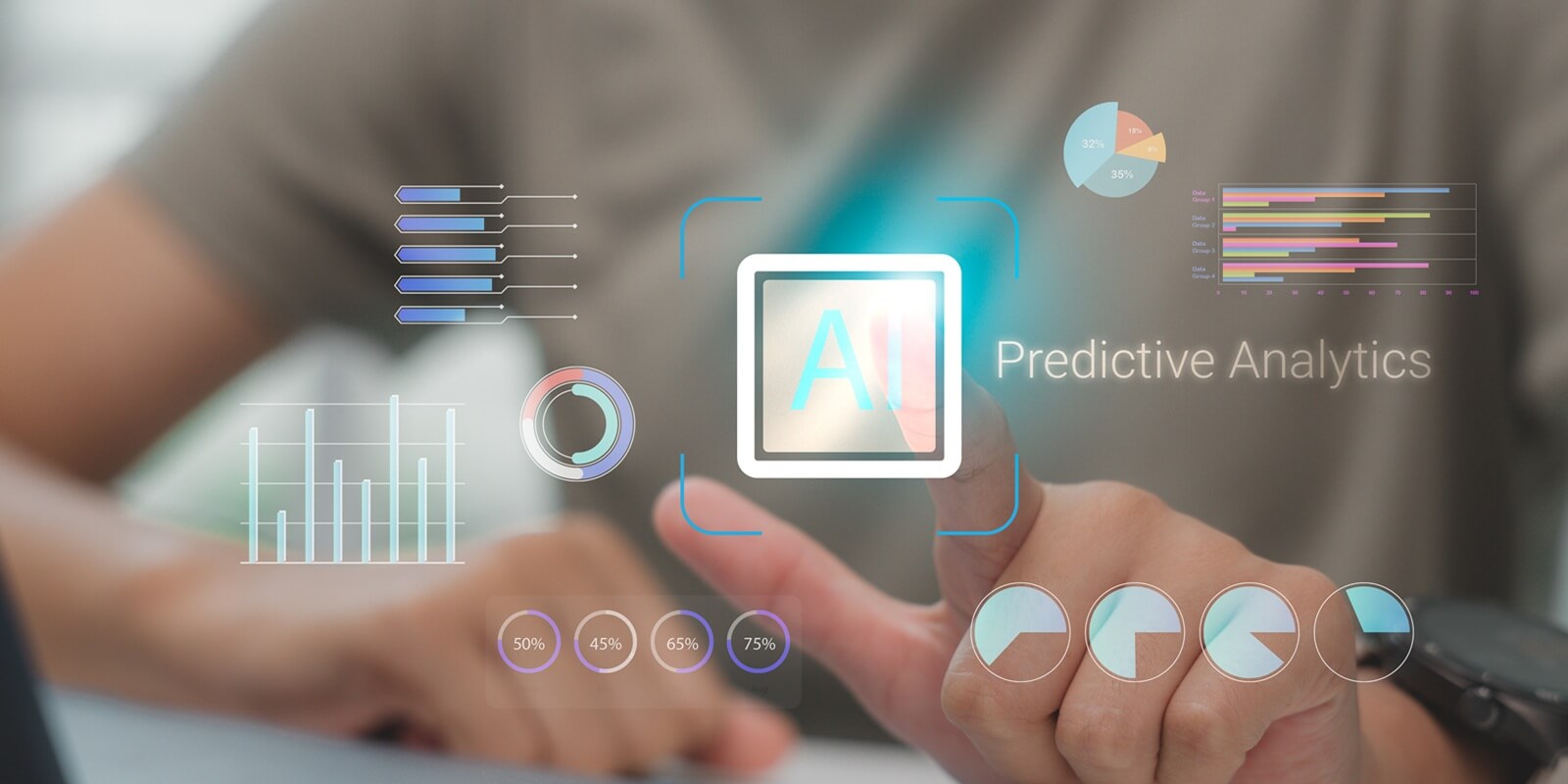 businessman using ai predictive analytics with futuristic data visualization, graphs, and charts for business intelligence and technology solutions