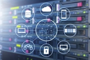 cloud technology connected all devices with server and storage in datacenter background