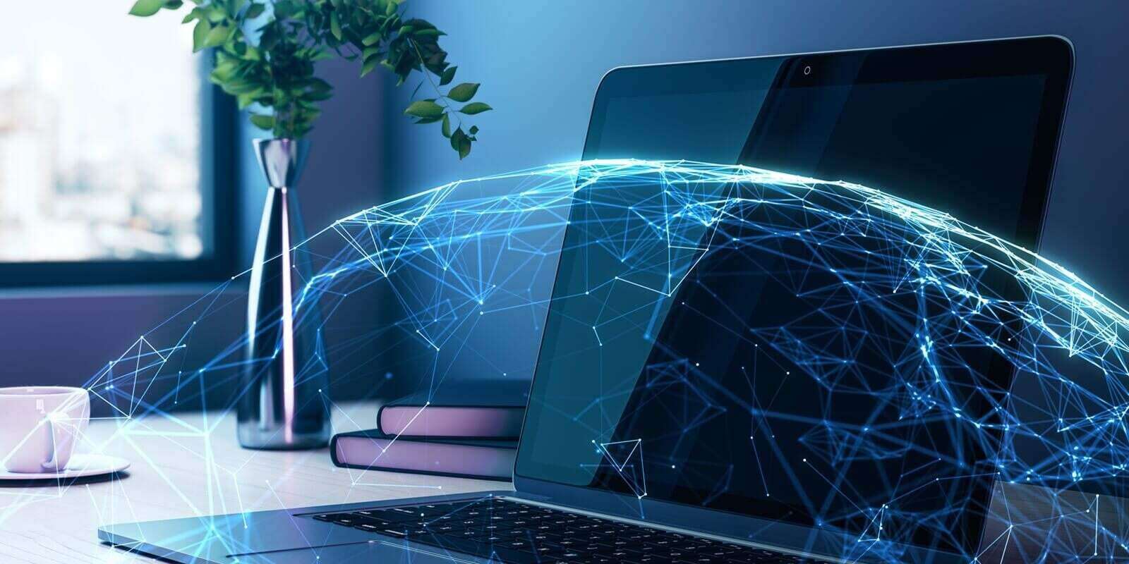 digital world network concept with glowing global web connections around laptop on modern office desk background