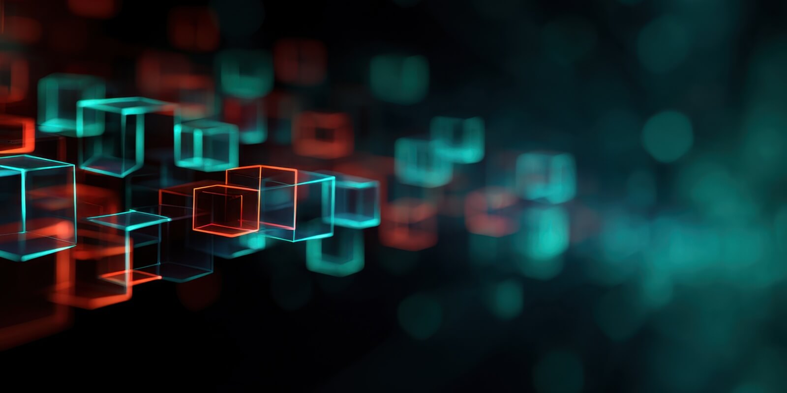abstract digital background featuring glowing cubes in red and turquoise colors creating a sense of depth and information flow in a futuristic style