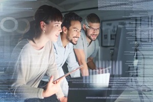 coding group and information technology with computer screen, programming and software development