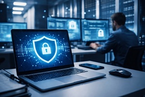 A secured laptop in a server room, indicating robust cybersecurity measures.